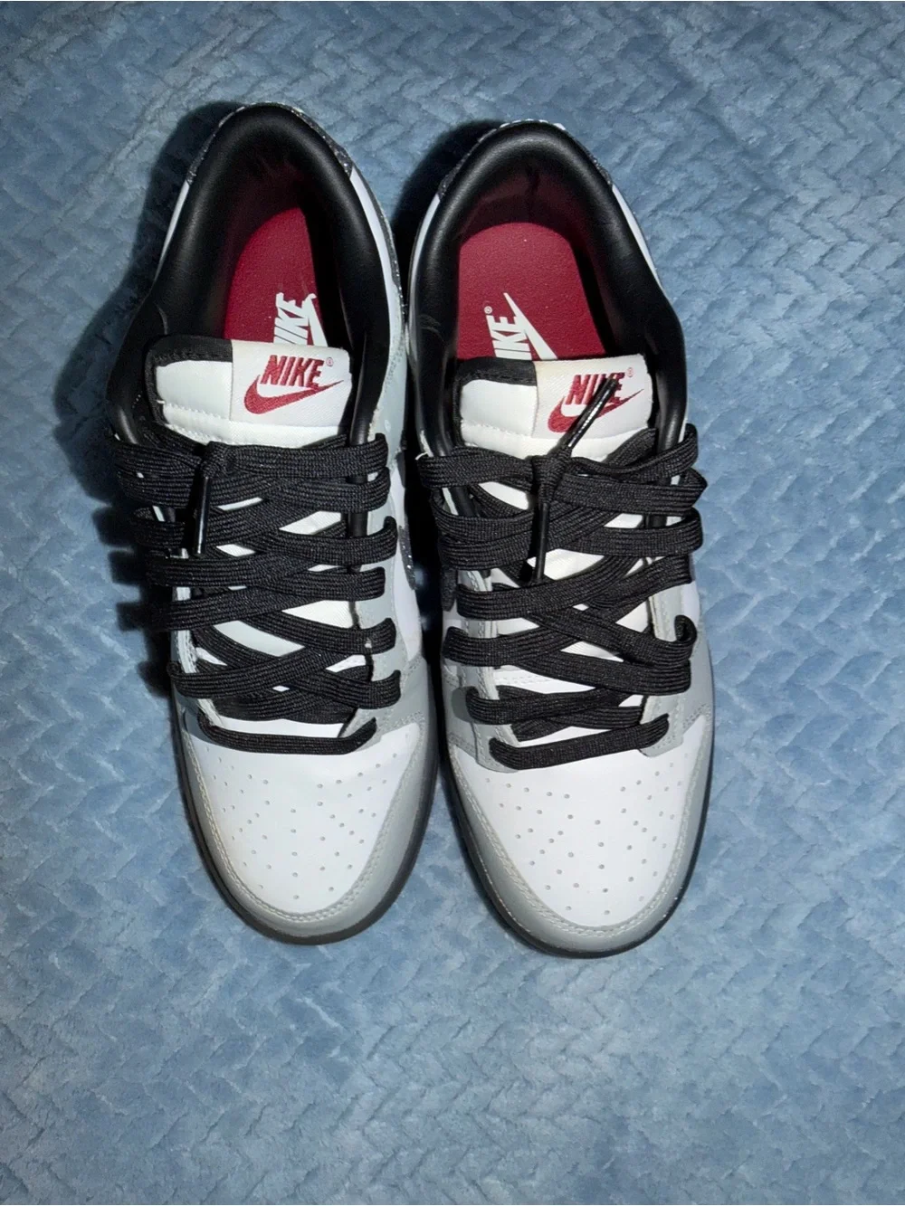 Nike Women's Low Top Sneakers in Light Gray, White & Black with Glitter Swoosh